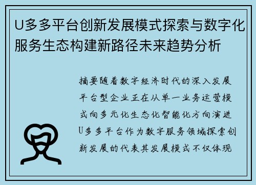 U多多平台创新发展模式探索与数字化服务生态构建新路径未来趋势分析