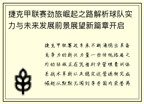 捷克甲联赛劲旅崛起之路解析球队实力与未来发展前景展望新篇章开启